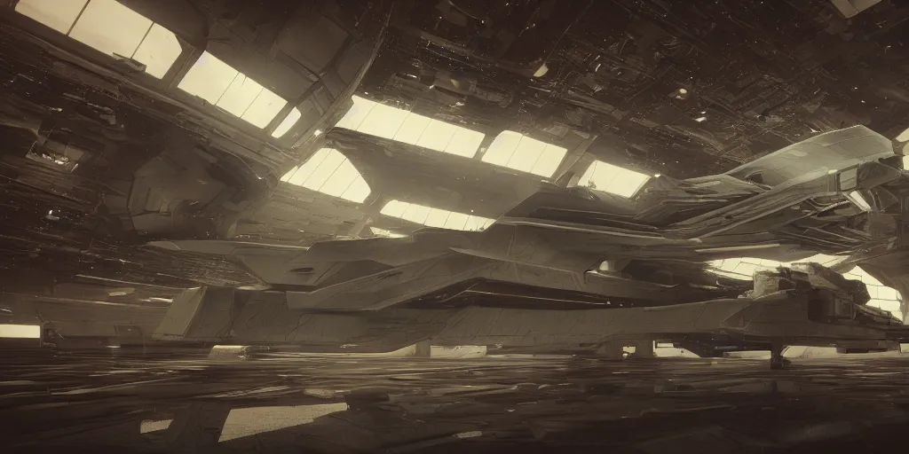 Image similar to space ship battle cruiser in the repair hangar, shallow depth of field, moody lighting, single point of light, 8 k, ultra realistic, octane render,