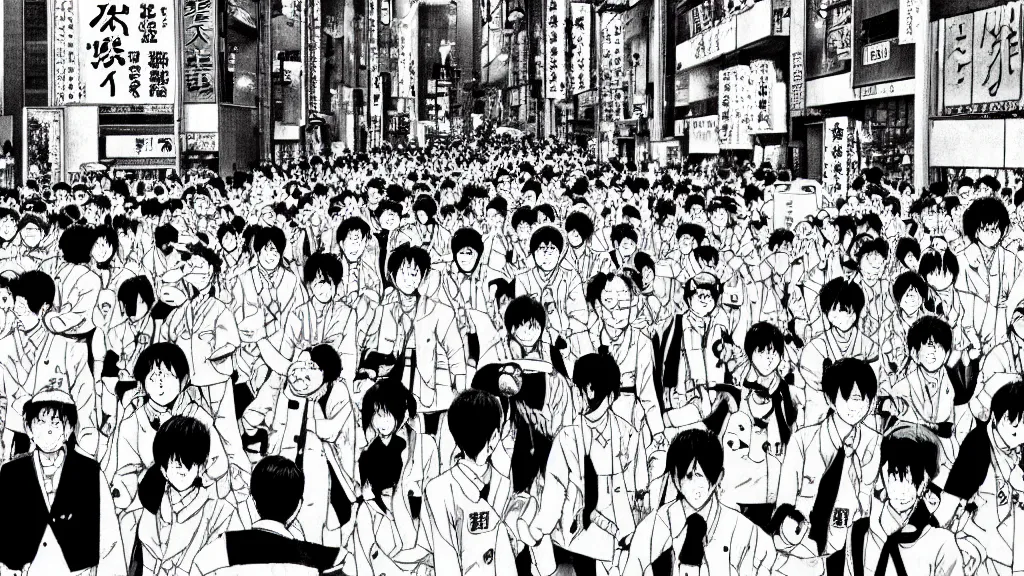 Image similar to manga drawing of a parade on the streets Tokyo everyone in the parade is wearing a pig mask and is dressed in pink and wearing pig masks, film still from the an anime directed by Katsuhiro Otomo with art direction by Salvador Dalí, wide lens