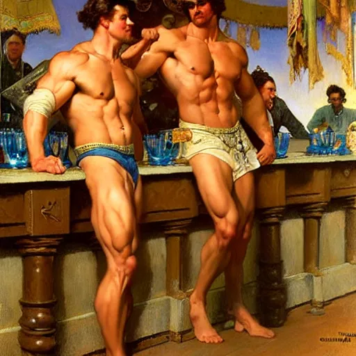 Prompt: attractive muscular mike and muscular attractive ty, drinking their hearts out, boys night out. highly detailed painting by gaston bussiere, craig mullins, j. c. leyendecker, alphonse mucha 8 k