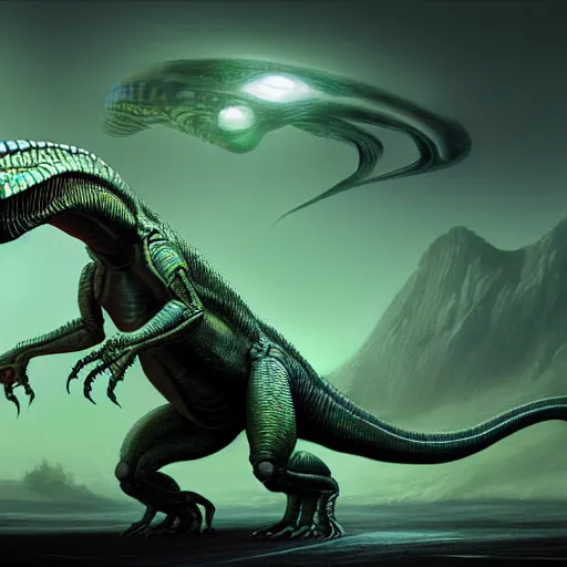 Image similar to ophidien alien taking the form of a t-rex, digital art, sco-fi art, matte painting, award-winning