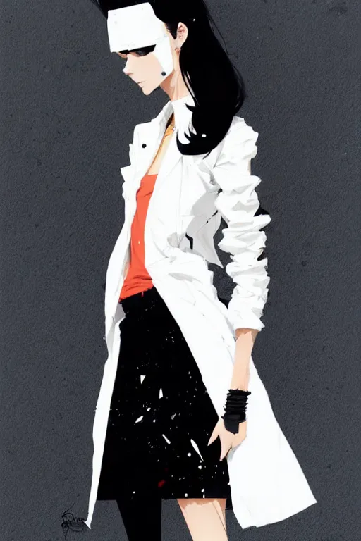 Image similar to a ultradetailed painting of a stylish woman wearing a white jacket with black skirt, by conrad roset, greg rutkowski and makoto shinkai trending on artstation