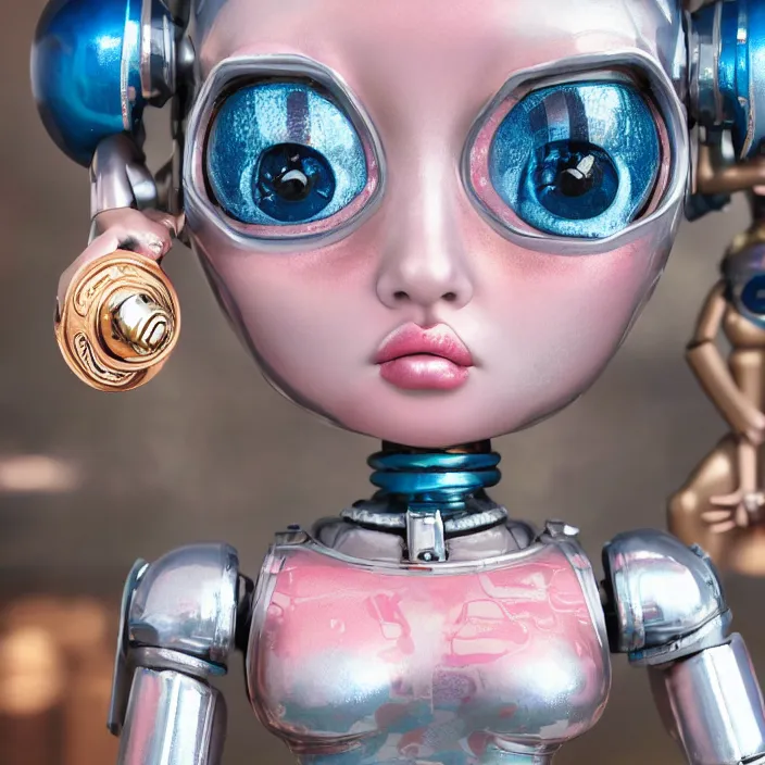 Image similar to closeup portrait of tin toy robot bikini girl trap, depth of field, zeiss lens, detailed, symmetrical, centered, fashion photoshoot, by nicoletta ceccoli, mark ryden, lostfish, breathtaking, 8 k resolution, extremely detailed, beautiful, establishing shot, artistic, hyperrealistic, octane render
