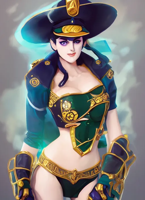 Image similar to a highly detailed illustration of beautiful girl cosplaying jotaro kujo, intricate, elegant, highly detailed, centered, digital painting, artstation, concept art, smooth, sharp focus, league of legends concept art, wlop.