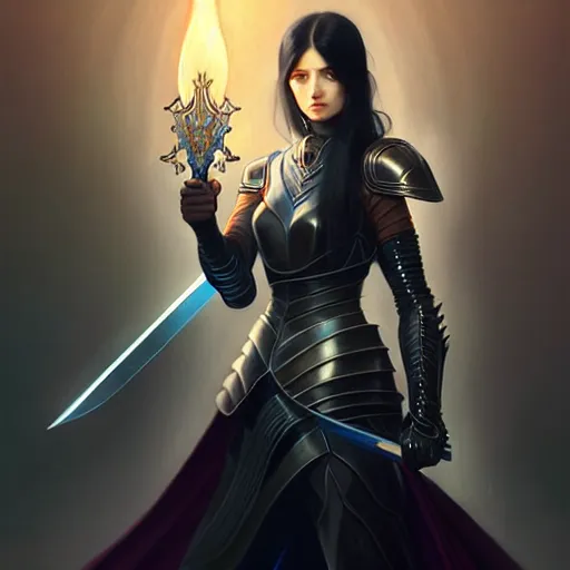 Image similar to portrait, woman dressed in plate armor with black hair and blue eyes wielding a greatsword, elegant, digital illustration, fire magic, detailed, intricate, sharp focus, digital painting, deep focus, digital painting, artstation, concept art, matte, art by artgerm and greg rutkowski and alphonse mucha