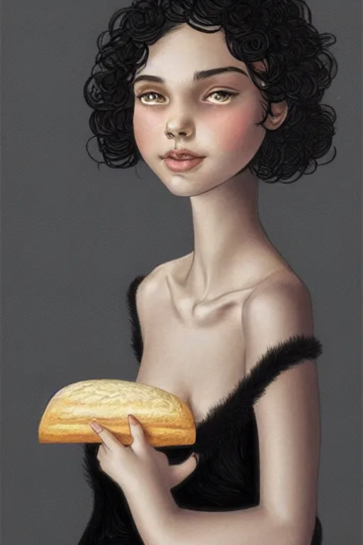 Image similar to beautiful cottagecore of a girl with short black curly hair, round face, cute face, holding a loaf of bread. There's also a black cat on her shoulder. intricate, elegant. highly detailed, digital painting, artstation, concept art, smooth, sharp, focus, illustration. Black cats. art by artgerm and greg rutkowski and alphonse mucha