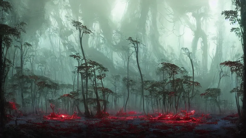 Image similar to a Photorealistic dramatic Matte painting,Looking through deep inside an Alien planets dense red forest there is a gigantic crashed spaceship,hundreds of tall gigantic monster carnivorous Red Venus Flytrap plants and glowing bulbs,translucent wet and slimy plant life by Greg Rutkowski,Craig Mullins,James Paick,Nicolas Bouvier SPARTH,a misty haze,Beautiful dramatic dark moody nighttime lighting,Cinematic Atmosphere,Volumetric,Terragen,Octane Render,artstation,8k