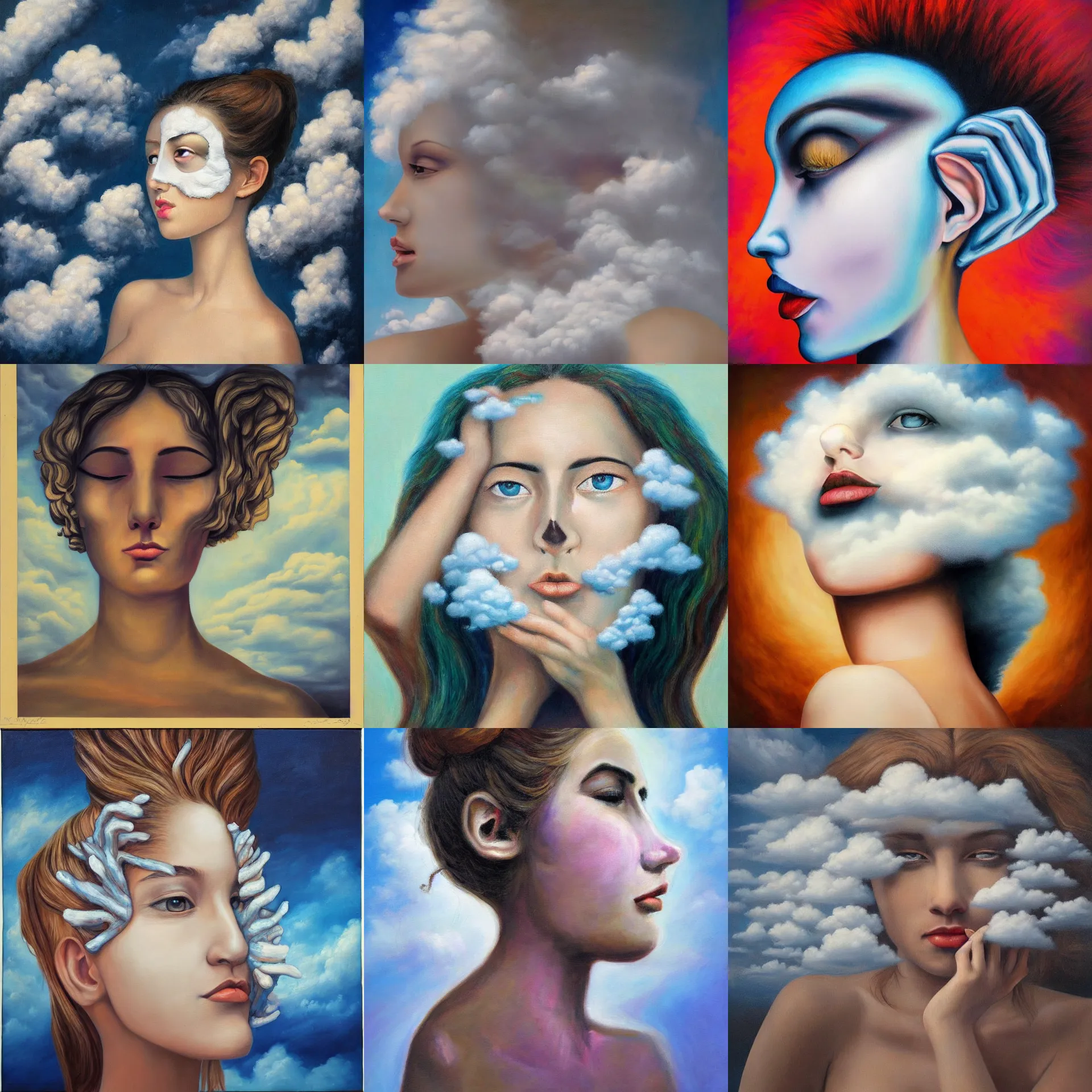 Prompt: surreal painting of the side view of a beautiful woman's face made of fluffy clouds, eyes covered by hands, unusual colors, symmetrical face, defined facial features, symmetrical facial features, dramatic lighting