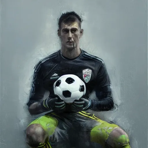 Image similar to A realistic hyperdetailed multi-colored digital oil full body portrait painting of a goal keeper on his knees holding a soccer ball up to the sky in the style of Guy Denning, Ruan Jia, and Craig Mullins. Trending on ArtStation and DeviantArt. CGSociety Digital art.