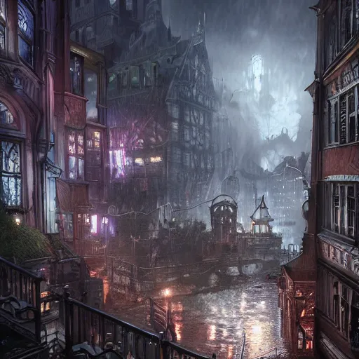 Prompt: a painting of arkham city, ultra realistic, concept art, intricate details, night, thunder, raining, eerie, highly detailed, full coloured, dark fantasy, photorealistic, octane render, 8 k, unreal engine 5. art by artgerm and greg rutkowski and alphonse mucha