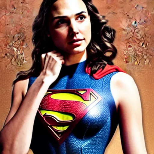 Prompt: an potrait of gal Gadot cast of movie man of steel and wearing a superman suit .