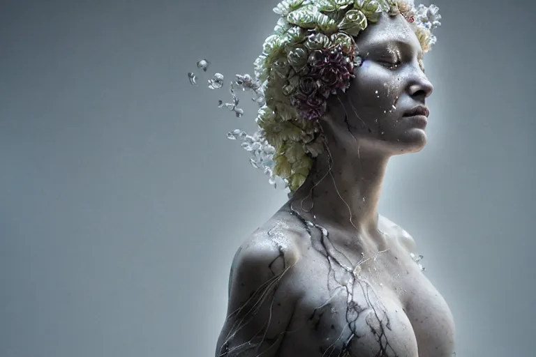 Prompt: a sculpture of a beautiful woman with flowing tears, fractal flowers on the skin, intricate, a marble sculpture by nicola samori, behance, neo - expressionism, marble sculpture, apocalypse art, made of mist, still frame from the prometheus movie by ridley scott with cinematogrophy of christopher doyle, arri alexa, anamorphic bokeh, 8 k