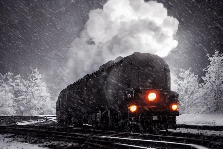 Image similar to an old locomotive is rushing through the snow storm in high speed, white steam on the side, and dark smoke with fire from the pipes, dynamic angled shot, speed lines, fire particles and snowflakes everywhere, 8k, hyperrealistic, ultra sharp, octane render, unreal engine, light breaks through the roofs, artstation, very detailed, 16k, cinematic scenery,