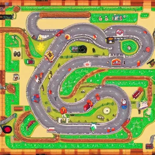 Prompt: top down view of Nintendo Mario kart double dash custom racetrack map. Western dustbowl themed custom rootin tootin wild west map.