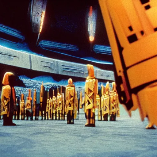 Image similar to Jodorowsky's Dune movie, cinema still, emperor's throne room with guards, faces in focus, colorful uniforms, wide angle, cinestill 400t film