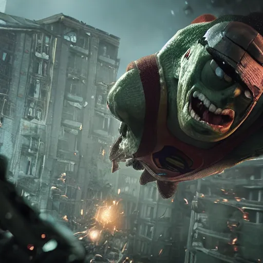 Image similar to pickle rick is flying as superman flying in ( gears of war ), splash art, movie still, detailed face, photorealistic facial features, cinematic lighting, dramatic, octane render, long lens, shallow depth of field, bokeh, anamorphic lens flare, 8 k, hyper detailed, 3 5 mm film grain