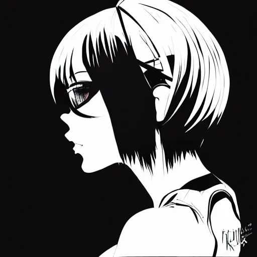 Image similar to an ink drawing of a front shot of a tech punk girl by ilya kuvshinov, black and white