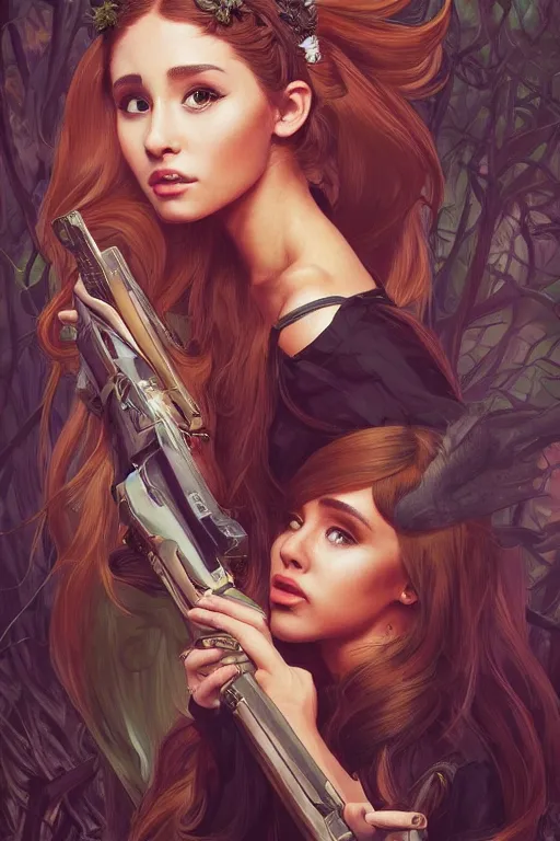 Image similar to demonic cottagecore Ariana Grande holding a shotgun, demonic Hair, magical forest, intricate, elegant, highly detailed, digital painting, artstation, concept art, smooth, sharp, focus, illustration, art by artgerm and greg rutkowski and alphonse mucha