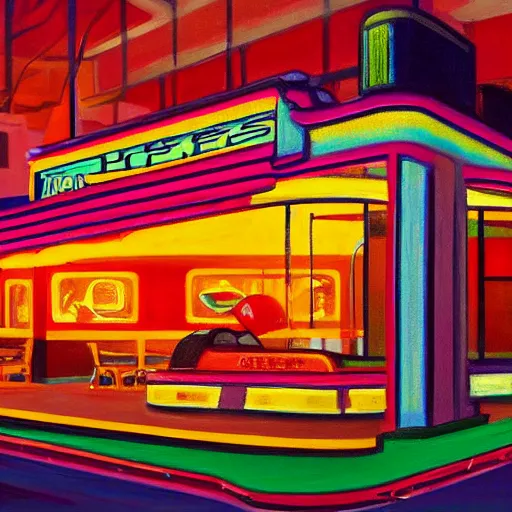 Prompt: a painting of an 80s diner with colorful lights, vintage sports cars are parked in front of it, it is night, the colorful lights of the diner light up the street, in the style of Edward Hopper, 4k,