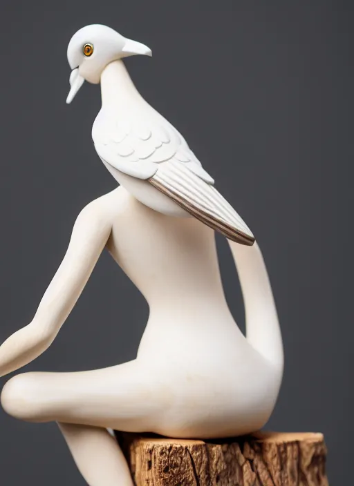 Prompt: still wooden figurine of young woman dressed wearing white shorts, holding white pigeon, personification, dynamic pose, detailed product photo, 8 k, 8 5 mm, f. 1 4, beautiful composition