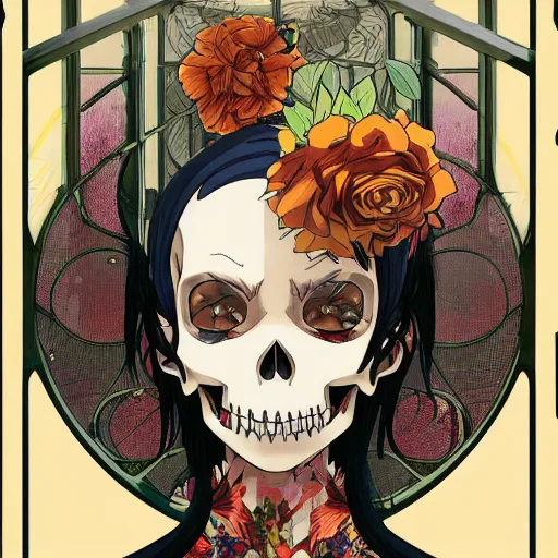 Image similar to anime manga skull portrait girl female skeleton illustration hyperrealistic art the Simpsons Geof Darrow and will cotton alphonse mucha pop art nouveau