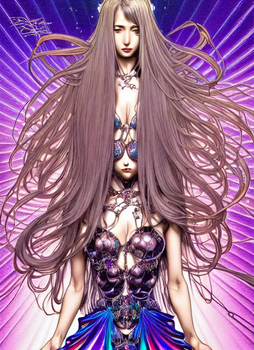 Prompt: highly detailed hajime sorayama terada katsuya artstation manga poster of witch mechine, rainbow gradient reflection bloom, long hair, armor, dress, laces, ruffles, 8 k, maximalist, ayami kojima, alphonse mucha