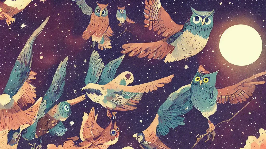 Image similar to very detailed, ilya kuvshinov, mcbess, rutkowski, watercolor illustration of owls flying at night, colorful, deep shadows, astrophotography, highly detailed