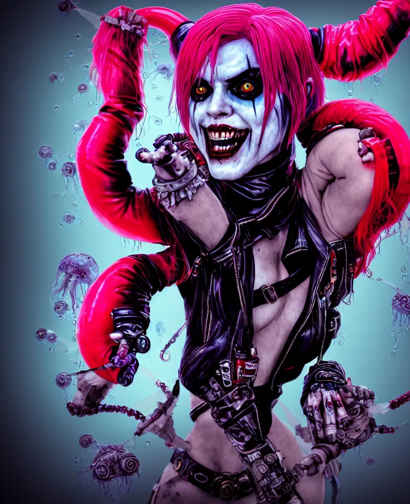 Image similar to Regan (The Exorcist) as Harley Quin (The Suicide Squad), epic angle and pose, symmetrical artwork, 3d with depth of field, blurred background, cybernetic jellyfish female face skull phoenix bird, translucent, nautilus, energy flows of water and fire. a highly detailed epic cinematic concept art CG render. made in Maya, Blender and Photoshop, octane render, excellent composition, cinematic dystopian brutalist atmosphere, dynamic dramatic cinematic lighting, aesthetic, very inspirational, arthouse, Greg Rutkowski, Ilya Kuvshinov, WLOP, Stanley Artgerm Lau, Ruan Jia and Fenghua Zhong