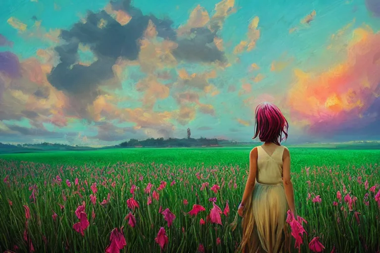 Prompt: giant gladiola head, girl walking in field of flowers, surreal photography, sunrise, blue sky, dramatic light, impressionist painting, digital painting, artstation, simon stalenhag