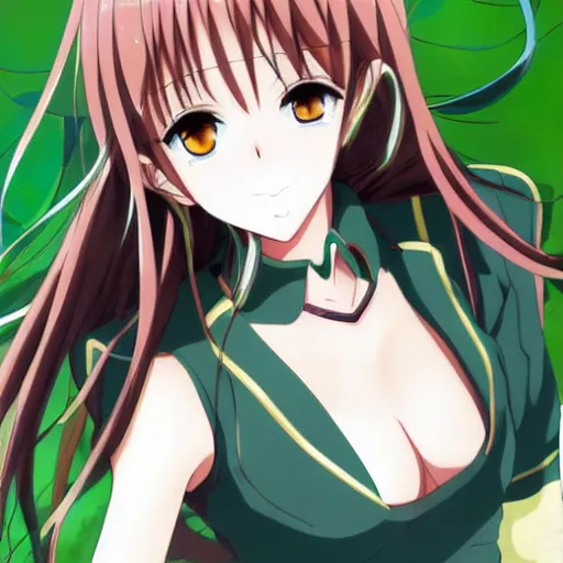 Image similar to key anime visual of a beautiful girl with brown hair and green eyes, trending on Pixiv; detailed