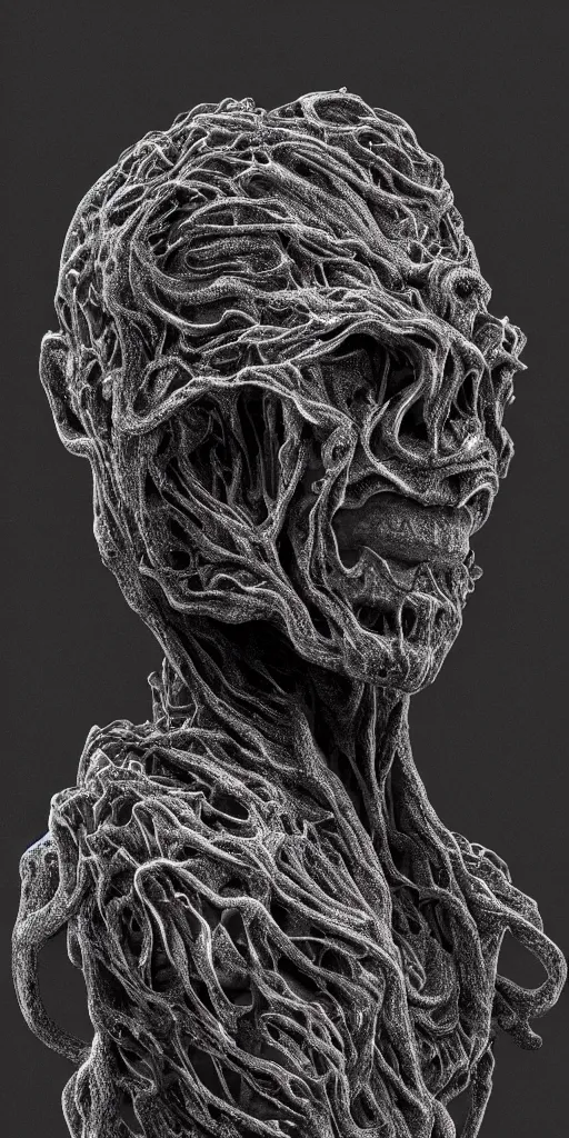 Image similar to a photorealistic render of a topographic sculpture made of melted metal and bioluminescent beings on a black background, c 4 d, by zhelong xu ouchh studio and ernst haeckel, wide angle, hyper realistic, plain black background, 8 k, volumetric lightning, octane render
