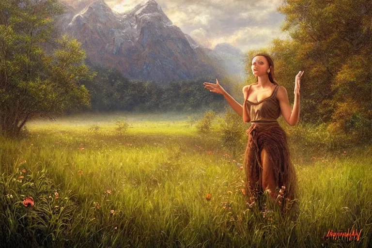 Prompt: a creature called XJVAIJOVIAJ standing in a calming meadow, created by Mark Keathley