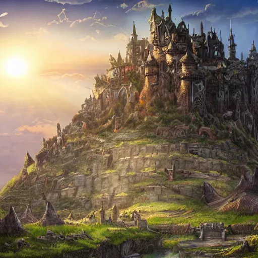 Prompt: large fantasy castle sitting on the top of a giant tortoise, stomping through a harsh wasteland with sharp rays of sunlight, howls moving castle, mortal engines, kaiju, distant - mid - shot, isometric angle, fantasy, hyper detailed, 4 k