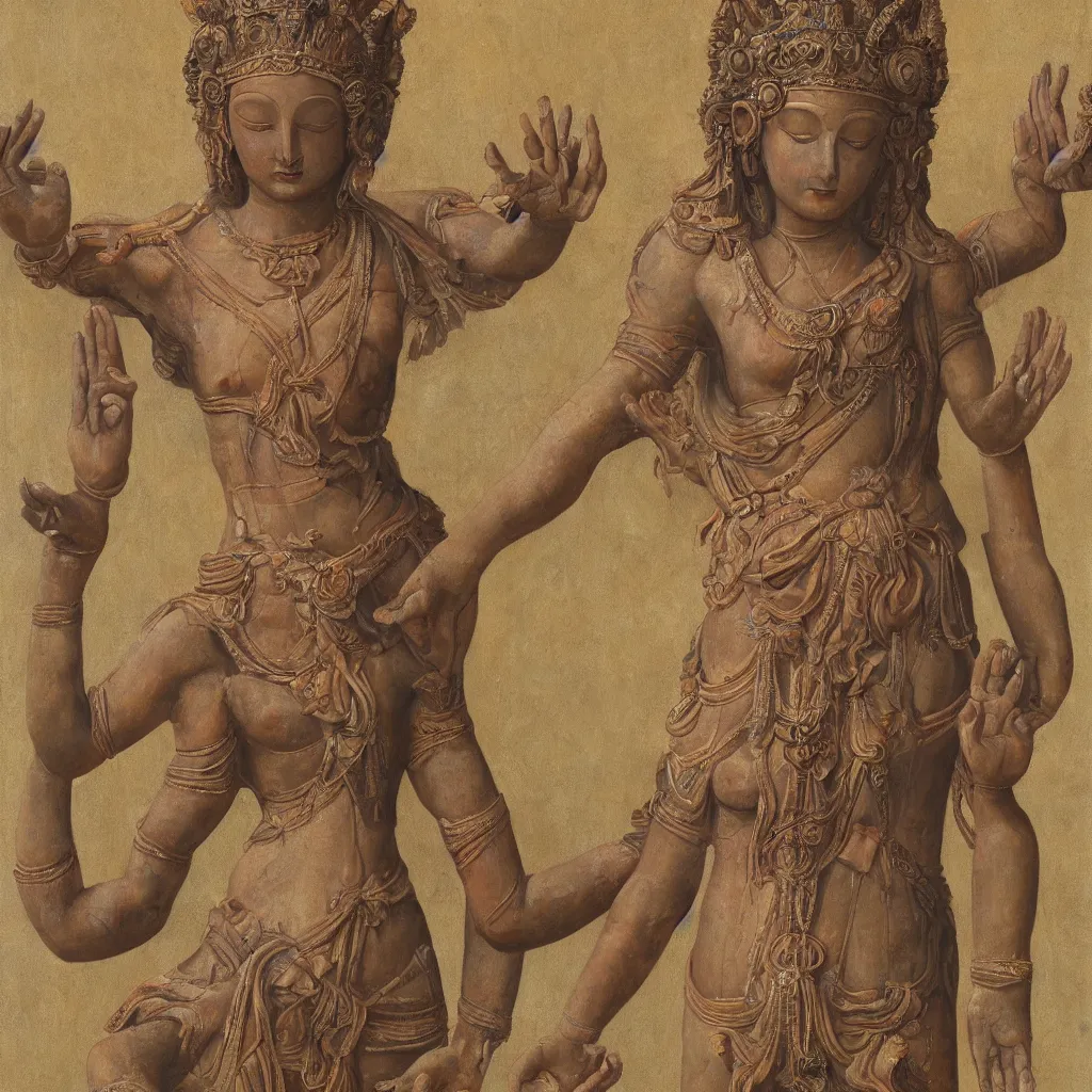 Prompt: young woman deity with multiple arms, highly detailed, oil painting