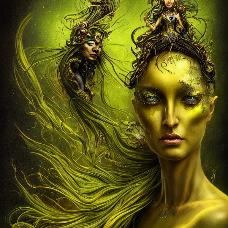 Prompt: green and golden design elements, single face portrait. complex hyper-maximalist overdetailed beautiful but terrifying, cinematic cosmic scifi portrait of an elegant very attractive but wild and dangerous witch antropomorphic female warrior god by andrei riabovitchev, tomasz alen kopera, oleksandra shchaslyva alex grey and bekinski. Fantastic realism. Extremely ornated with laced bone, branches with big thornes and green poisonous steam. Volumetric soft green and red lights. Omnious intricate. Secessionist style ornated portrait illustration. Poison goddes. Slightly influenced by giger. Zerg human hybrid goddes. Unreal engine 5. Focus on face. Artstation. Deviantart. 8k 4k 64megapixel. Cosmic horror style. Rendered by binx.ly. coherent, hyperrealistic, lifelike textures and only one face on the image.