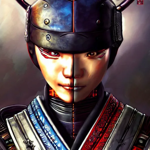 Image similar to Ninja samurai cowboy cyborg, high detail, 4 K, cyberpunk, depth of field, unreal engine. Chie Yoshii style,