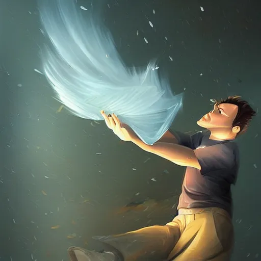 Prompt: a man breaking apart into particles blowing away in the wind, by cyril rolando, detailed, small details,