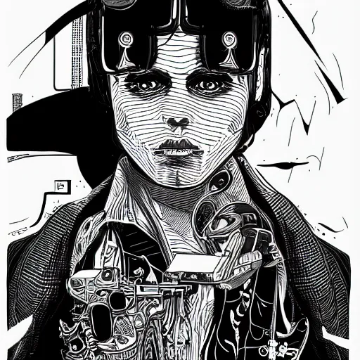 Image similar to detailed black and white illustration in the style of josan gonzalez of a close up of a suave young explorer wearing a cyberpunk headpiece, highly detailed, intricate details, 8k wallpaper