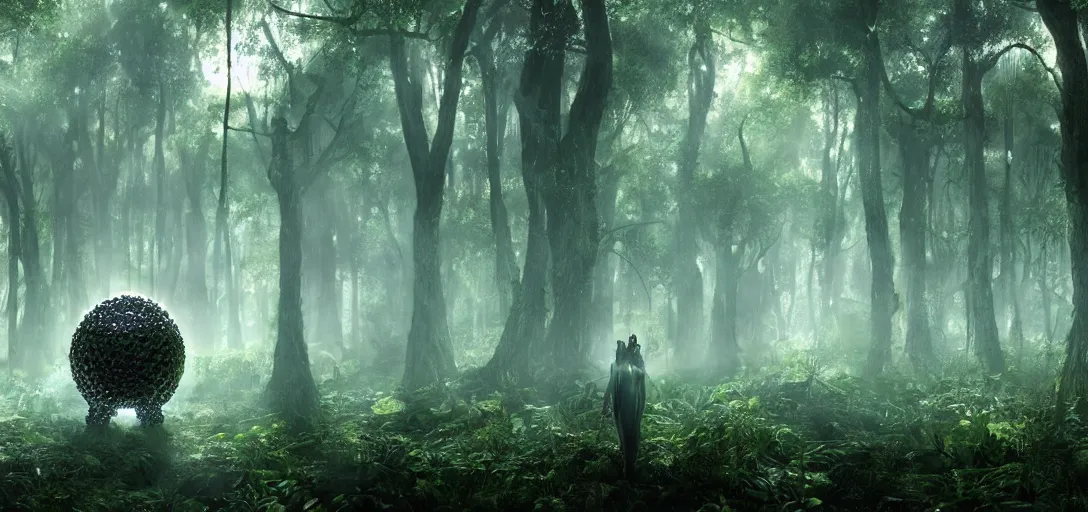 Image similar to a complex organic fractal 3 d metallic symbiotic ceramic humanoid megastructure creature in a swampy lush forest, foggy, sun rays, bubbles, cinematic shot, photo still from movie by denis villeneuve, wayne barlowe