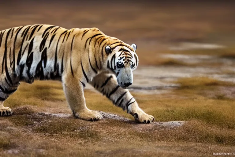 Image similar to a tiger polar bear!!! hybrid! hyper realistic!! realistic lighting!! wildlife photographer of the year!!! bold natural colors, national geographic, hd, wide angle, 8 k