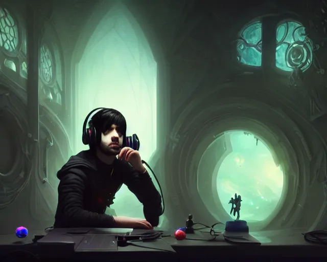 Image similar to a 4 k cinematic screenshot still portrait of a emo in a dark luminal space room listening to music wearing headphones, deep focus, d & d, fantasy, intricate, elegant, highly detailed, digital painting, artstation, concept art, matte, sharp focus, illustration, dark fantasy style art, hearthstone, art by artgerm and greg rutkowski and alphonse mucha