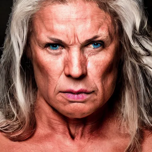 Prompt: uhd, high resolution photography of woman, genetic combination of hulk hogan and donald trump face and upper body, body focus