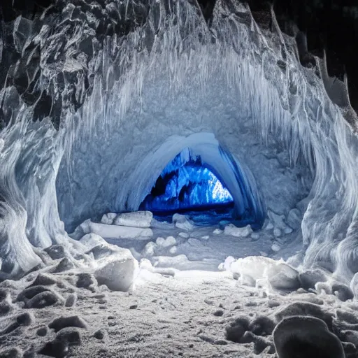 Image similar to a dark ice cave with a glowing ice spike in the center, surreal,