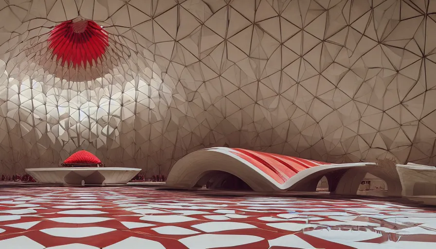 Image similar to interior of a futuristic lotus temple with gold, red and white marble panels, in the desert, by buckminster fuller and syd mead, intricate contemporary architecture with art nouveau motifs, photo journalism, photography, cinematic, national geographic photoshoot