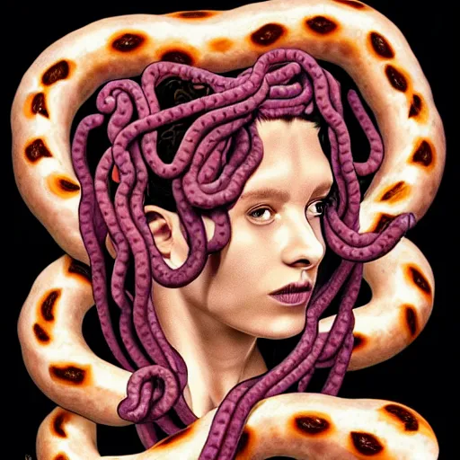 Prompt: medusa with sausages instead of snakes, sausage hair, photorealistic, illustration, intricate details, masterpiece