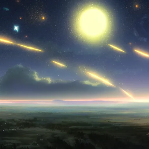 Prompt: Night sky with many meteorites, concept art, 4k, highly detailed, by Makoto Shinkai