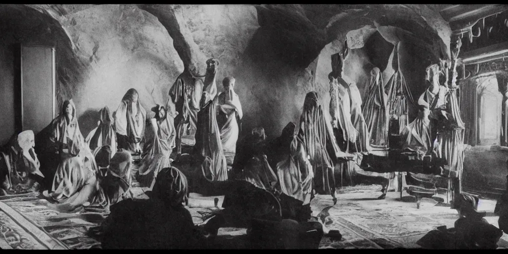 Prompt: 1920s photography of an occult ceremony meeting in the dolomites, occult signs, wicca, alp, dolomites, alpine, detailed intricate insanely detailed octane render, 8k artistic 1920s photography, photorealistic, black and white, chiaroscuro, hd, by David Cronenberg, Raphael, Caravaggio