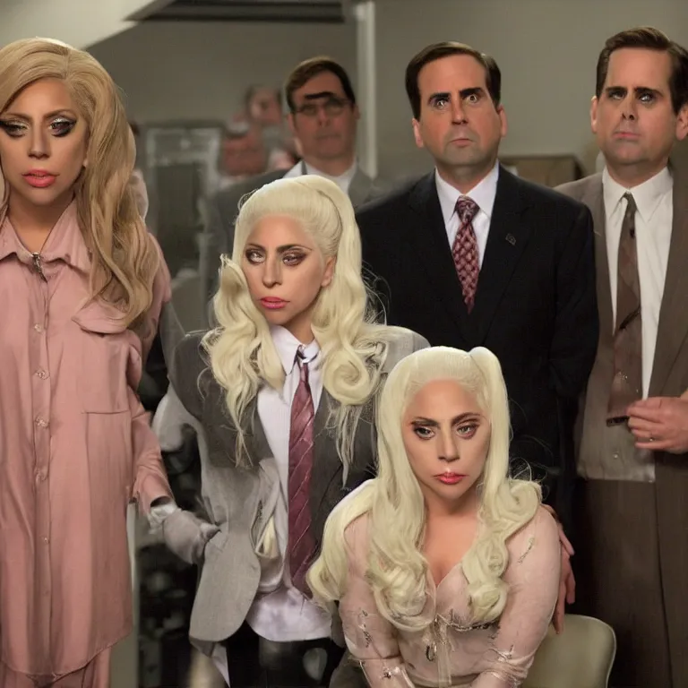 Prompt: confused lady gaga looking at the camera in the middle of dwight schrute and michael scott., from the office ( 2 0 0 5 ), detailed background, uhd, low light, cinematic, realistic, clear face, clear eyes.