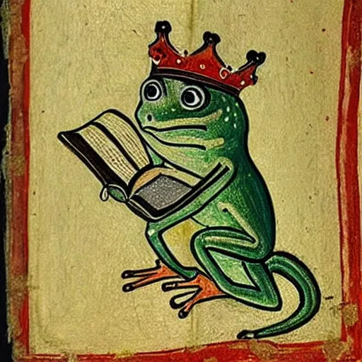 Image similar to beautiful medieval book manuscript painting of a frog wearing a crown