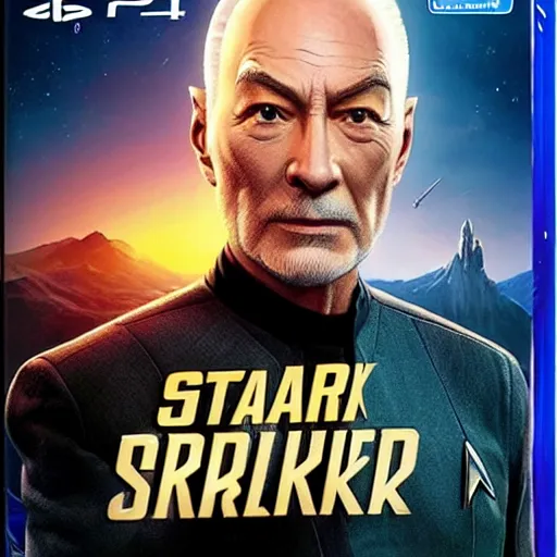 Image similar to video game box art of a ps 4 game called star trek : picard's voyage, 4 k, highly detailed cover art.