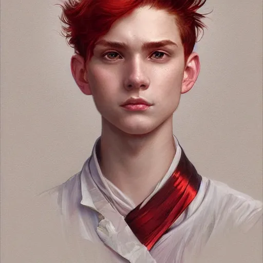 Image similar to teen boy, red hair, intricate, elegant, portrait, highly detailed, digital painting, artstation, concept art, smooth, sharp focus, illustration, art by artgerm and greg rutkowski and alphonse mucha